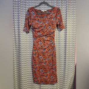 Boden | Rita Ruched Floral Tencel Dress in Painterly Eden Orange, size US6R
